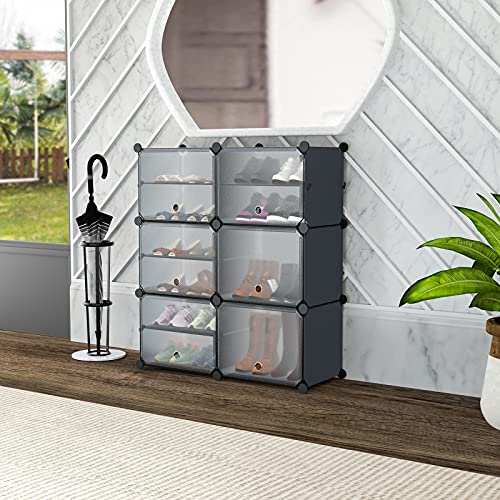 SimpleWise Shoe Rack Organizer Portable Storage Cubes Shoe Storage 6 Cube 12 Tiers DIY FreeStanding Entryway Shoe Rack Storage Plastic Cabinet for Closet Bedroom Hallway, Gray