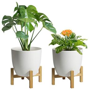 t4u 7 inch self watering planter with bamboo stand set of 2, plastic white flower pot for indoor herb plant, aloe, african violet, nursery seedling pot round, modern decor for home, garden, office
