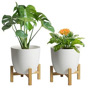 T4U 7 Inch Self Watering Planter with Bamboo Stand Set of 2, Plastic White Flower Pot for Indoor Herb Plant, Aloe, African Violet, Nursery Seedling Pot Round, Modern Decor for Home, Garden, Office