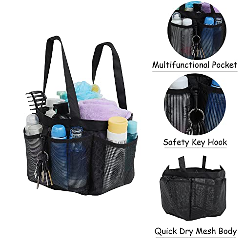 Mesh Shower Caddy Portable for College Dorm Room Essentials, Hanging Large Shower Tote Bag Toiletry Organizer with Key Hook for Bathroom Accessories(black)