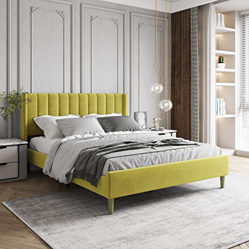 Zoophyter Upholstered Platform Bed Frame Queen Size with Headboard,Mattress Foundation/Strong Wooden Slats Support/No Box Spring Needed/Easy Assembly Yellow