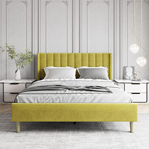Zoophyter Upholstered Platform Bed Frame Queen Size with Headboard,Mattress Foundation/Strong Wooden Slats Support/No Box Spring Needed/Easy Assembly Yellow