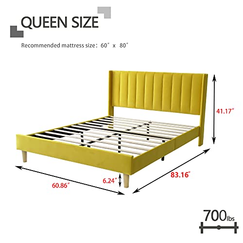 Zoophyter Upholstered Platform Bed Frame Queen Size with Headboard,Mattress Foundation/Strong Wooden Slats Support/No Box Spring Needed/Easy Assembly Yellow