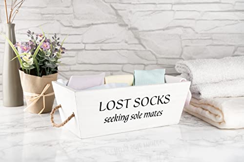 Lost Socks Basket for Laundry Room – White Laundry Basket, Wooden Farmhouse Laundry Hamper, Sock Bin, Laundry Room Storage Baskets for Shelves, Sock Basket from UpTrend Design