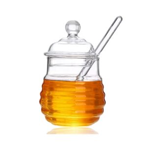 bee-hive honey jar glass honeypot, honey syrup dispenser with dipper and lid for home kitchen