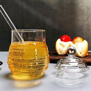 Bee-hive Honey Jar Glass Honeypot, Honey Syrup Dispenser with Dipper and Lid for Home Kitchen