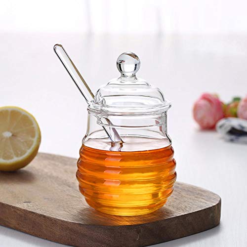 Bee-hive Honey Jar Glass Honeypot, Honey Syrup Dispenser with Dipper and Lid for Home Kitchen