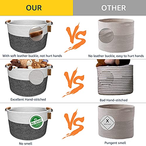 Domolli Blanket Basket, Cotton Rope Basket with Leather Handles XXXL Extra Large Laundry Basket 22" x 22" x 14" Baby Hamper Nursery Bins Woven Basket for Blankets Pillows Clothes Stuffed Toys Storage