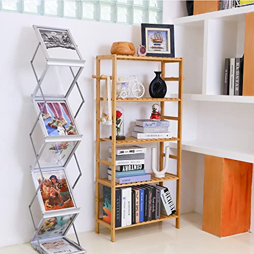 Kozart Bamboo Bookshelf 5 Tier Adjustable Bookcase 51.18” Tall Waterproof Bathroom Shelves Book Shelf with Diagonal Hooks Plant Stands Standing Shelf for Living Room Bedroom Kitchen Office (Natural)