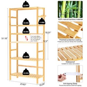 Kozart Bamboo Bookshelf 5 Tier Adjustable Bookcase 51.18” Tall Waterproof Bathroom Shelves Book Shelf with Diagonal Hooks Plant Stands Standing Shelf for Living Room Bedroom Kitchen Office (Natural)