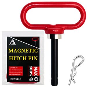 EilxMag Magnetic Hitch Pin, Lawn Mower Trailer Hitch Pins - Strong Heavy Duty Neodymium Magnet Trailer Gate Pin for Mowers, Lawn Tractors, Towing Cargo, ATV - Simple One Handed Hook On & Off（Red）