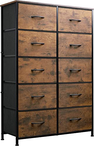 WLIVE Tall Dresser for Bedroom with 10 Drawers, Chest of Drawers, Fabric Dresser for Nursery, Closets, Storage Organizer Unit with Fabric Bins, Steel Frame, Wood Top, Rustic Brown Wood Grain Print