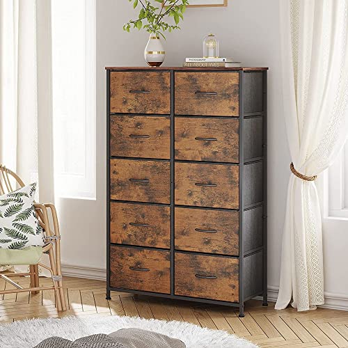 WLIVE Tall Dresser for Bedroom with 10 Drawers, Chest of Drawers, Fabric Dresser for Nursery, Closets, Storage Organizer Unit with Fabric Bins, Steel Frame, Wood Top, Rustic Brown Wood Grain Print