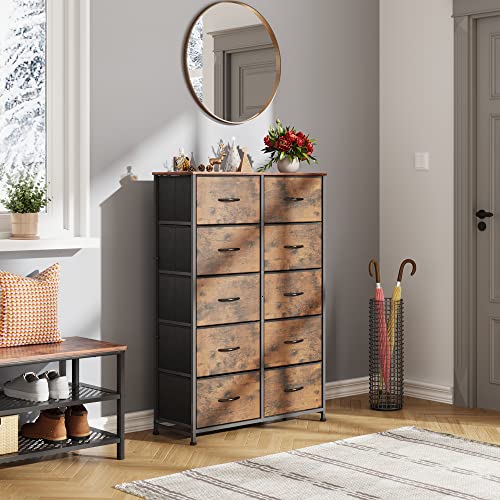 WLIVE Tall Dresser for Bedroom with 10 Drawers, Chest of Drawers, Fabric Dresser for Nursery, Closets, Storage Organizer Unit with Fabric Bins, Steel Frame, Wood Top, Rustic Brown Wood Grain Print