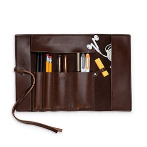 echsrt leather pencil case roll up bag pencil pouch wrap foldable tool roll supplies art stuff organizer vintage gift for office artist adults, brown