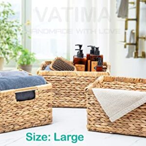 Wicker Baskets for Storage Organizing, Water Hyacinth Storage Baskets Rectangular with Wooden Handles for Shelves, Natural Wicker Storage Basket Bins - Set of Wicker Baskets for Home Organization