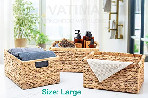 Wicker Baskets for Storage Organizing, Water Hyacinth Storage Baskets Rectangular with Wooden Handles for Shelves, Natural Wicker Storage Basket Bins - Set of Wicker Baskets for Home Organization