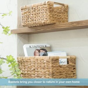 Wicker Baskets for Storage Organizing, Water Hyacinth Storage Baskets Rectangular with Wooden Handles for Shelves, Natural Wicker Storage Basket Bins - Set of Wicker Baskets for Home Organization