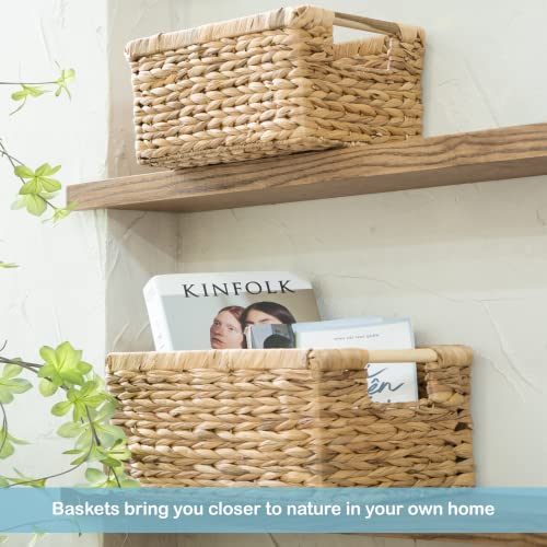 Wicker Baskets for Storage Organizing, Water Hyacinth Storage Baskets Rectangular with Wooden Handles for Shelves, Natural Wicker Storage Basket Bins - Set of Wicker Baskets for Home Organization