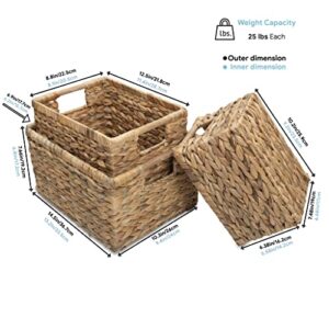 Wicker Baskets for Storage Organizing, Water Hyacinth Storage Baskets Rectangular with Wooden Handles for Shelves, Natural Wicker Storage Basket Bins - Set of Wicker Baskets for Home Organization