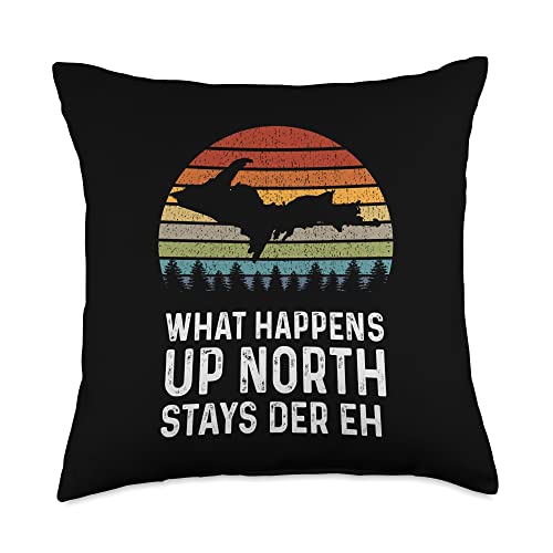 Yooper 906 Designs Upper Peninsula Michigan MI Retro What Happens Up North Throw Pillow, 18x18, Multicolor