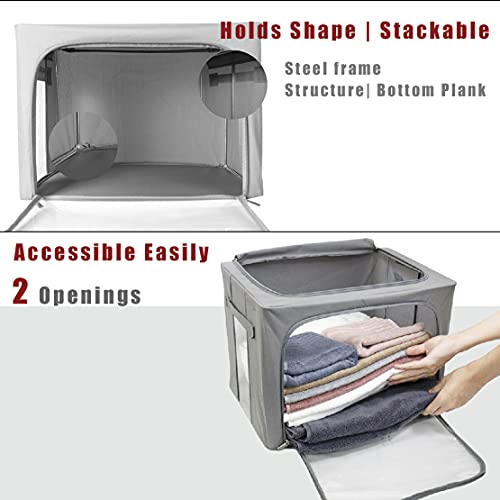Clothes Storage Box Bins Stackable Foldable Organizer,Sturdy Handles with Metal Frame for Clothing Bedding Shelves,Closet Container with Clear Window Zipper and Label Holder (Gray,Small-40L x3 Pack)