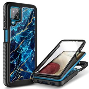 nznd case for samsung galaxy a12 with [built-in screen protector], full-body protective shockproof rugged bumper cover, impact resist durable phone case cover (marble design sapphire)