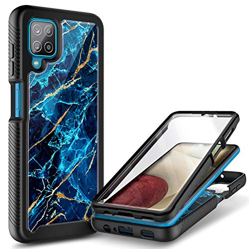 NZND Case for Samsung Galaxy A12 with [Built-in Screen Protector], Full-Body Protective Shockproof Rugged Bumper Cover, Impact Resist Durable Phone Case Cover (Marble Design Sapphire)