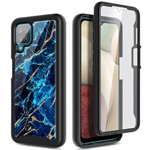 NZND Case for Samsung Galaxy A12 with [Built-in Screen Protector], Full-Body Protective Shockproof Rugged Bumper Cover, Impact Resist Durable Phone Case Cover (Marble Design Sapphire)