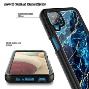 NZND Case for Samsung Galaxy A12 with [Built-in Screen Protector], Full-Body Protective Shockproof Rugged Bumper Cover, Impact Resist Durable Phone Case Cover (Marble Design Sapphire)