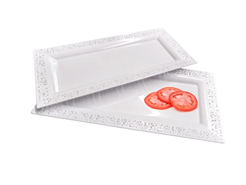 Yumchikel- Serving Tray Plastic for Party, 14" x 7.5" Platters for Serving Food, White Food Tray for Snacks, Food, Cookies, Set of 4, BPA Free