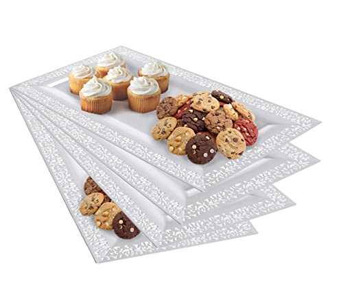 Yumchikel- Serving Tray Plastic for Party, 14" x 7.5" Platters for Serving Food, White Food Tray for Snacks, Food, Cookies, Set of 4, BPA Free