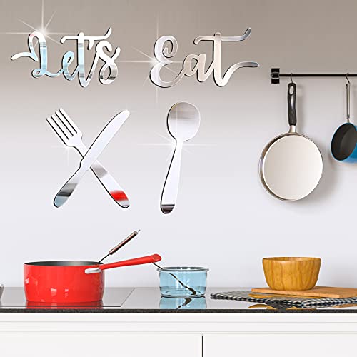 Let's Eat 3D Mirror Wall Stickers Acrylic Kitchen Wall Decals Decoration Removable Fork Spoon Knife Sign DIY for Restaurant Dining Room (Elegant Style)