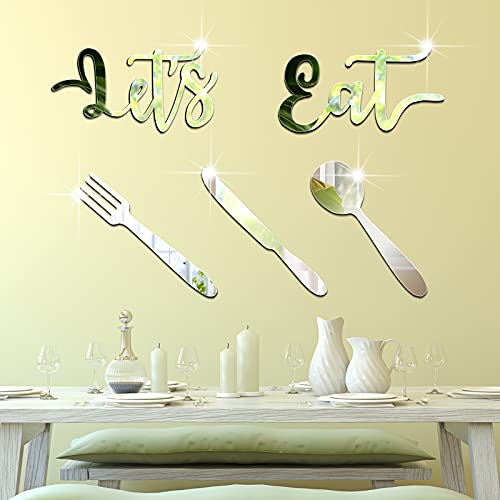 Let's Eat 3D Mirror Wall Stickers Acrylic Kitchen Wall Decals Decoration Removable Fork Spoon Knife Sign DIY for Restaurant Dining Room (Elegant Style)