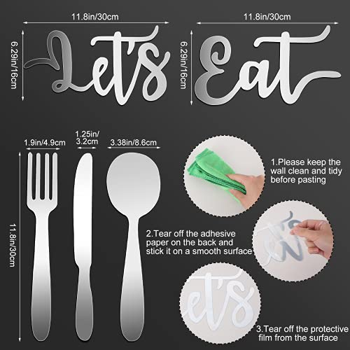 Let's Eat 3D Mirror Wall Stickers Acrylic Kitchen Wall Decals Decoration Removable Fork Spoon Knife Sign DIY for Restaurant Dining Room (Elegant Style)