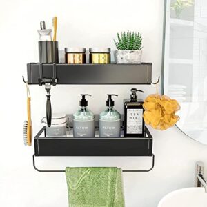roseyat shower caddy shelf with towel bar, adhesive shampoo holder with hook, shower rack basket organizer for bathroom, 2-in-1 bathroom shelf kitchen spice organizer, 2-pack black