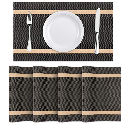 WWW Heat-Resistant Placemats, Set of 4,Stain Resistant Washable PVC Table Mats,Kitchen Table mats for Dining Kitchen Table Black