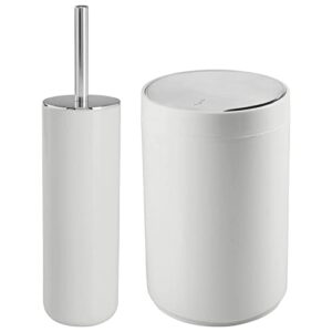 mdesign modern slim profile compact freestanding plastic toilet bowl brush and round wastebasket garbage can combo for bathroom storage - sturdy, deep cleaning - set of 2 - light gray/chrome