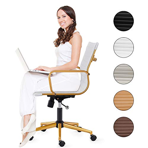 LUX Modern Desk Chair Gold Base White and Gold Office Chair Rolling Office Chair with Back Support Ergo Office Chair with Caster Wheels Office Chair for Heavy People 320lbs Gold Swivel Office Chair