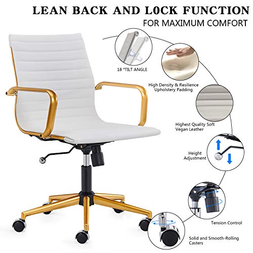 LUX Modern Desk Chair Gold Base White and Gold Office Chair Rolling Office Chair with Back Support Ergo Office Chair with Caster Wheels Office Chair for Heavy People 320lbs Gold Swivel Office Chair