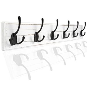 ilyapa coat rack wall mount with triple hooks - 27 inch wood wall mount coat rack with hooks, 6 metal three pronged tri-hooks - for hats, coats, kitchen, bedroom, and more - white finish