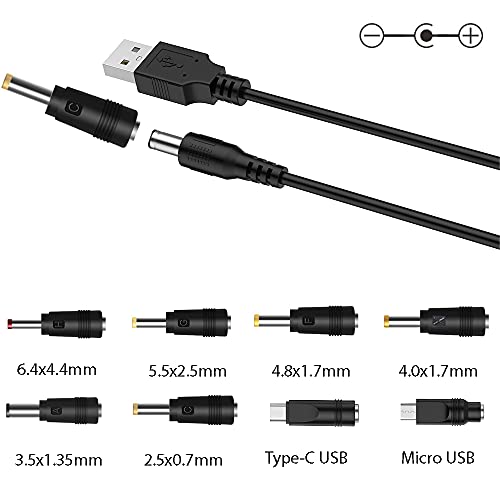 LIANSUM USB to DC 5V Power Cord, Universal DC 5.5x2.1mm Cable with 8 Connectors (6.4x4.4, 5.5x2.5, 4.8x1.7, 4.0x1.7, 3.5x1.35, 2.5x0.7, Micro USB, Type-C), for Router,Mini Fan,Speaker More 5V Devices