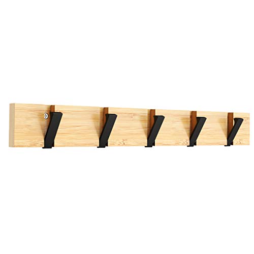 GOGOCOOL Bamboo Wall Mounted Coat Hooks Hanger, 20kg Maximum Bearing, Black Foldable Hook Type, Natural Wall Coat Hanger, 70mm Space Between Hook and Hook(5 Hooks)