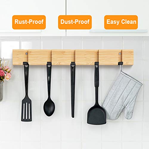 GOGOCOOL Bamboo Wall Mounted Coat Hooks Hanger, 20kg Maximum Bearing, Black Foldable Hook Type, Natural Wall Coat Hanger, 70mm Space Between Hook and Hook(5 Hooks)