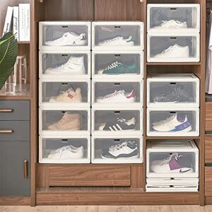 NTZS Shoe Storage Boxes,Pack of 3 Stackable Shoe Organizer,Sturdy Foldable sneaker storage and Easy Assemble Shoe Containers Clear Plastic shoe bins with Lid for US Size 13(14.6”x 10.6”x 8.3”)