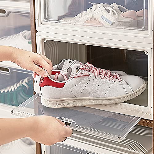 NTZS Shoe Storage Boxes,Pack of 3 Stackable Shoe Organizer,Sturdy Foldable sneaker storage and Easy Assemble Shoe Containers Clear Plastic shoe bins with Lid for US Size 13(14.6”x 10.6”x 8.3”)