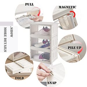 NTZS Shoe Storage Boxes,Pack of 3 Stackable Shoe Organizer,Sturdy Foldable sneaker storage and Easy Assemble Shoe Containers Clear Plastic shoe bins with Lid for US Size 13(14.6”x 10.6”x 8.3”)