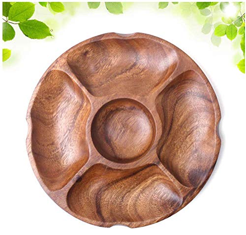 Diameter 12" Premium Acacia Wooden 5-Compartment Divided edge of 4 hole Round Wood Plate Divided Dessert Serving Trays Platters 5 Section