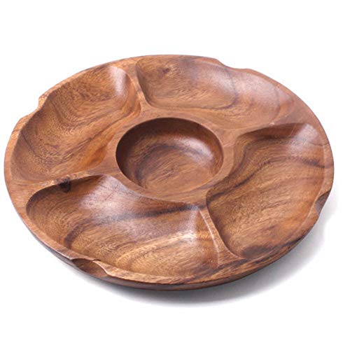 Diameter 12" Premium Acacia Wooden 5-Compartment Divided edge of 4 hole Round Wood Plate Divided Dessert Serving Trays Platters 5 Section