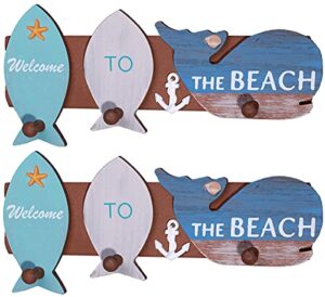 2-pack nautical theme hook wall mounted wooden coat rack key hooks, wooden fish welcome key holder for wall with 3 hooks organizer, welcome door wall hook with beach nautical decoration